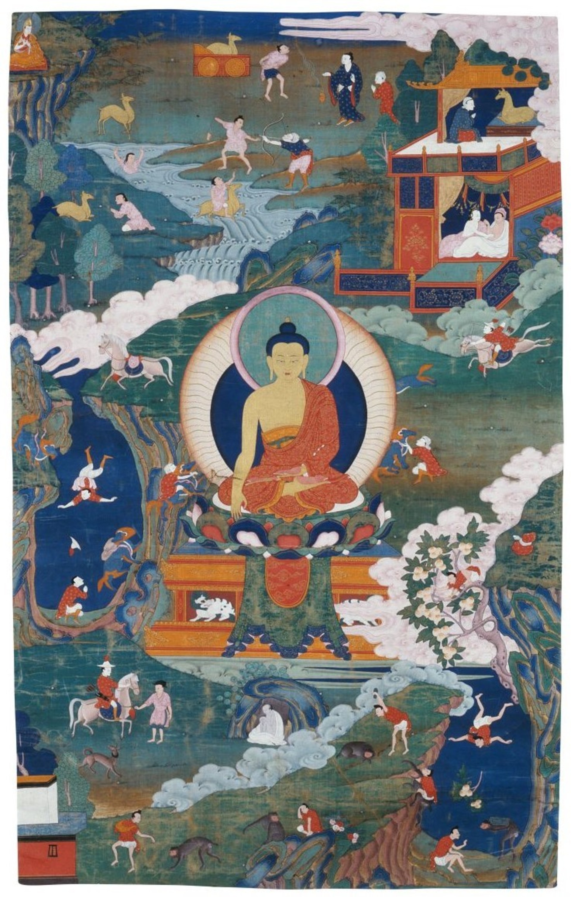 Buddha a příběhy z jeho života, Tibet, konec 17. století, Národní galerie Praha.jpg