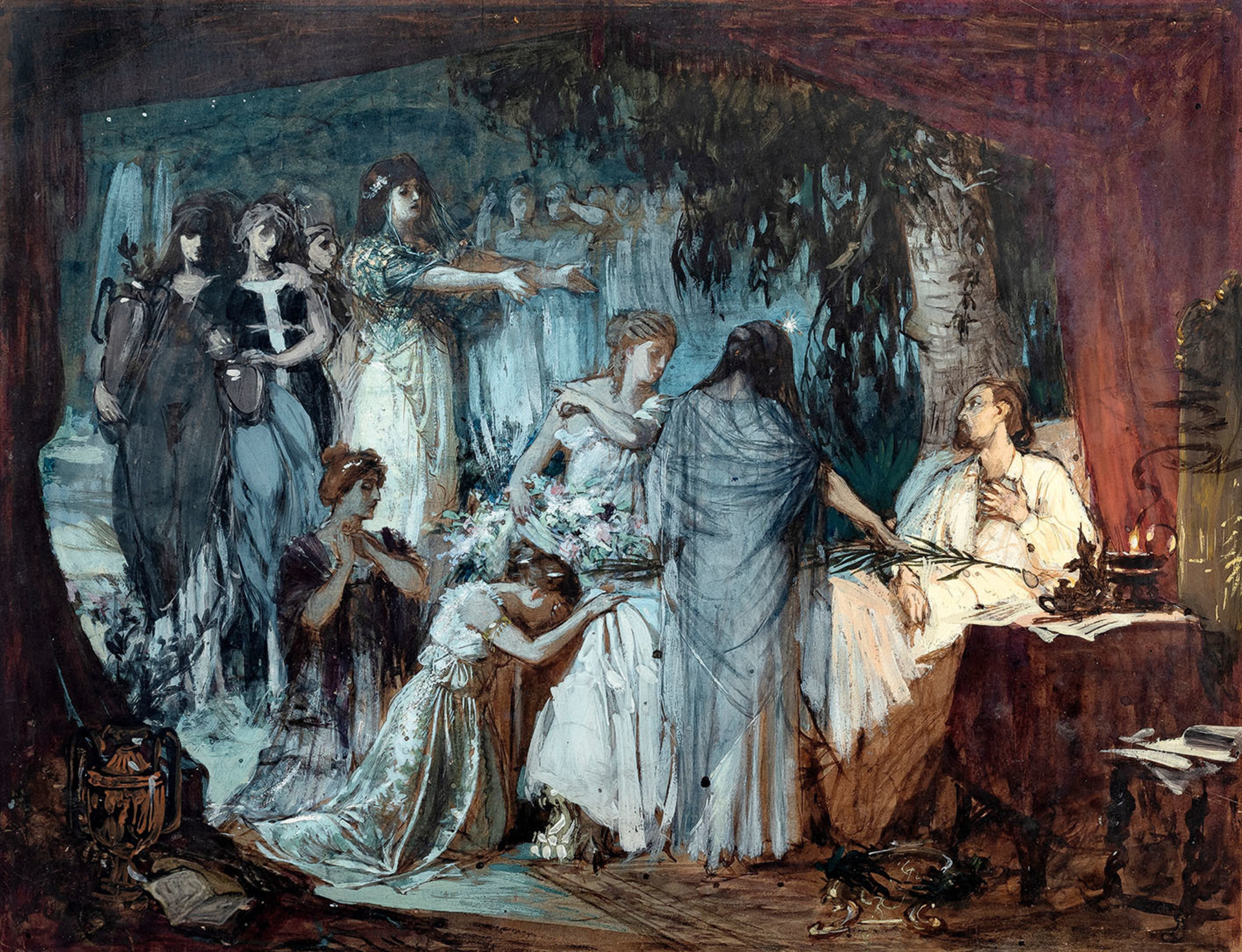 FrantiÜek Kupka, Studie k PoslednÝmu snu umÝrajÝcÝho Heina, 1891, kvaÜ, papÝr, 37,6x48,8 cm, Galerie Kodl.jpg