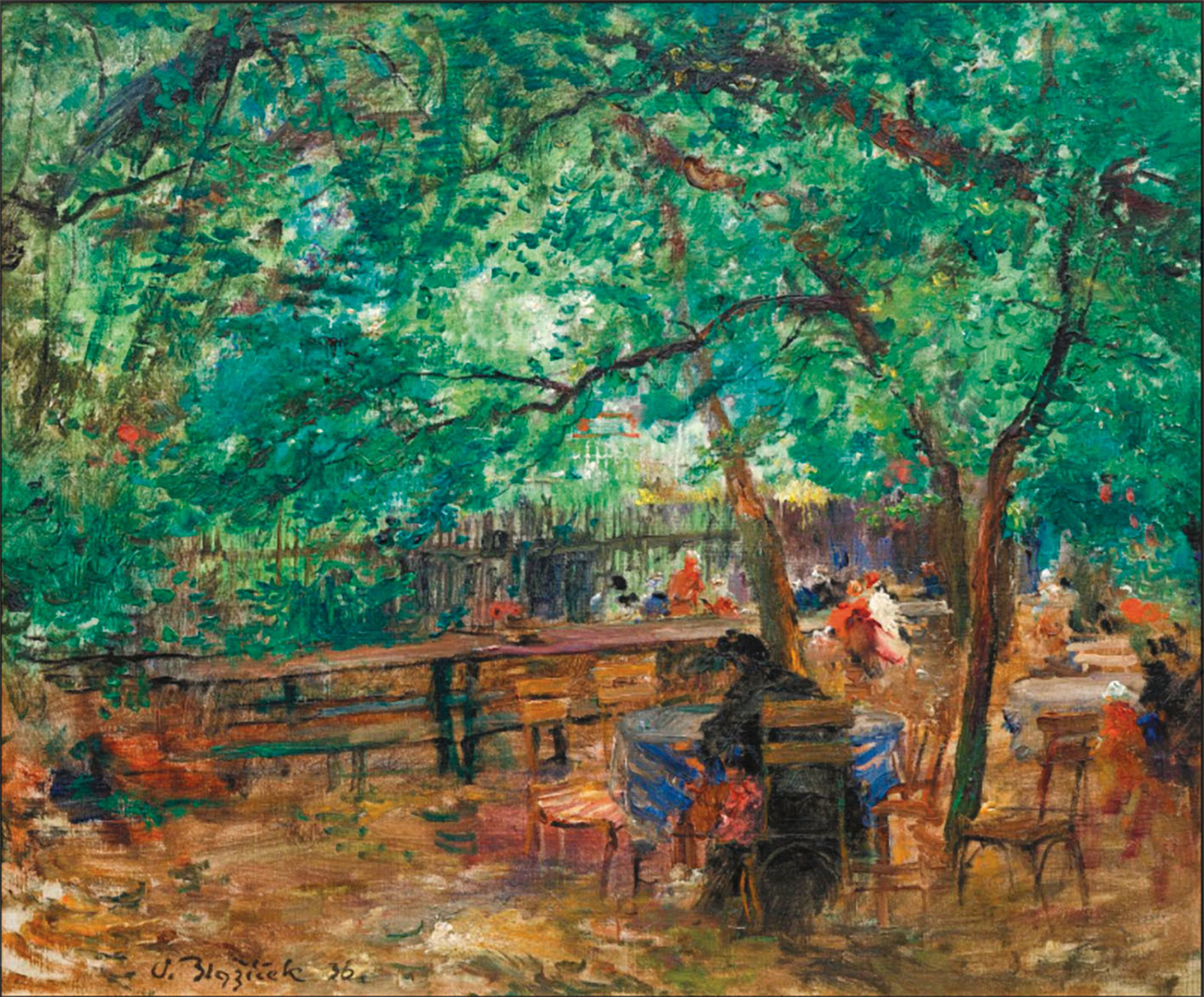 Oldřich Blažíček: Zahradní restaurace v Kačině, 30. léta 20. století, olej na plátně, 50 × 60 cm, cena: 700 000 Kč, Artslimit 30. 3. 2025 (online)