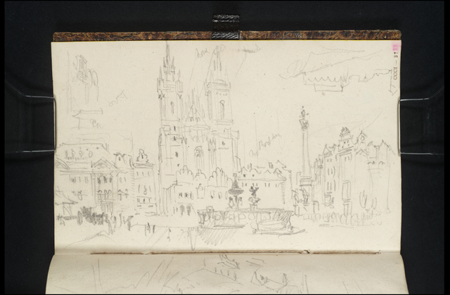 J. M. W. Turner: Pohled na Staroměstské náměstí směrem k paláci Kinských, Týnu, Krocínově kašně a mariánskému sloupu, 1835, kresba z Dresden, Teplitz and Prague Sketchbook [Finberg CCCI], t