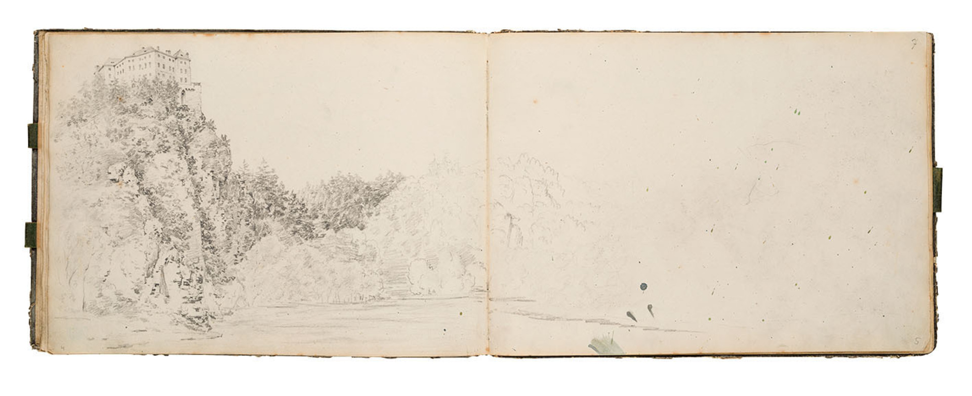 Josef Navrátil: Orlík – Skicář s pohledy na Zvíkov a Orlík, před 1835, tužka, papír, 245 × 330 mm, Národní galerie Praha