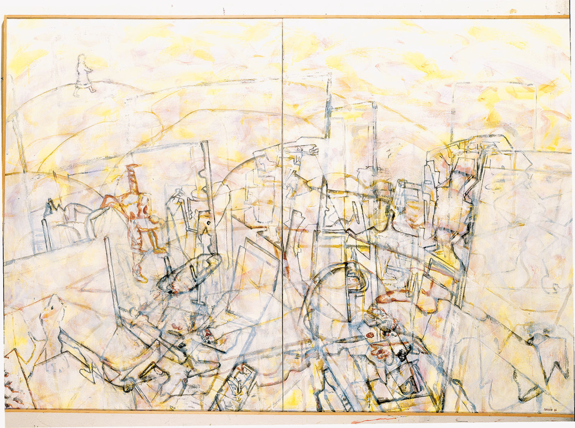 Petr Pavlík: Panorama s kráčející poutnicí, 1986, tempera, plátno, 155 × 225 cm